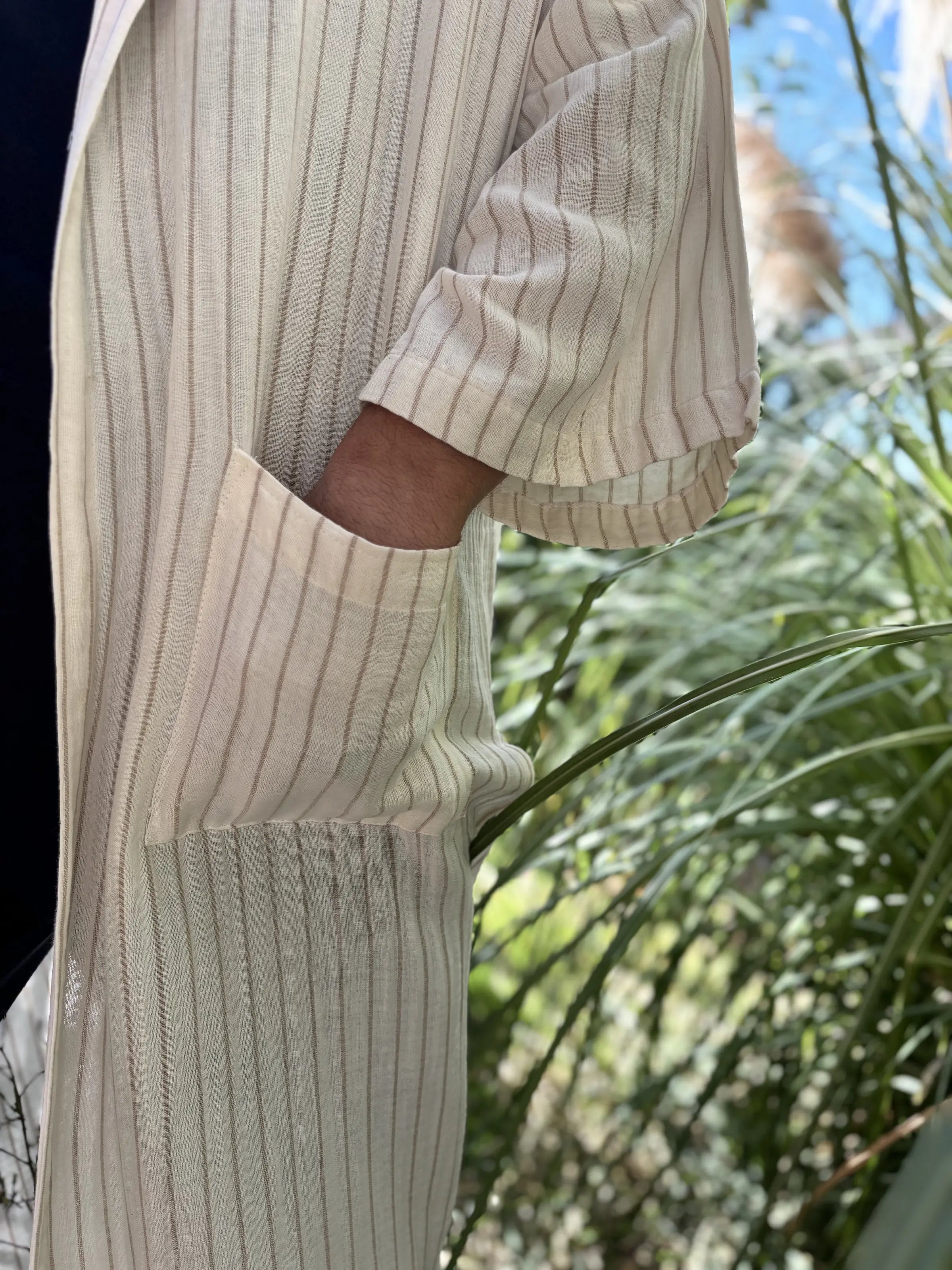 Super Light Uzun Kimono .3. Bej & Kırık İnce Beyaz Çizgili